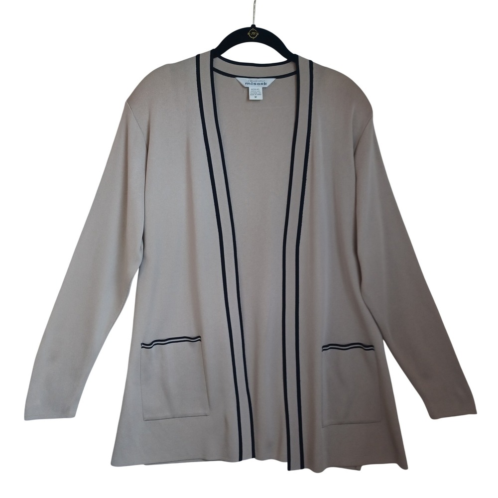 Misook Womens Tan Beige Black Trim Open Front Knit Cardigan Sweater Size M